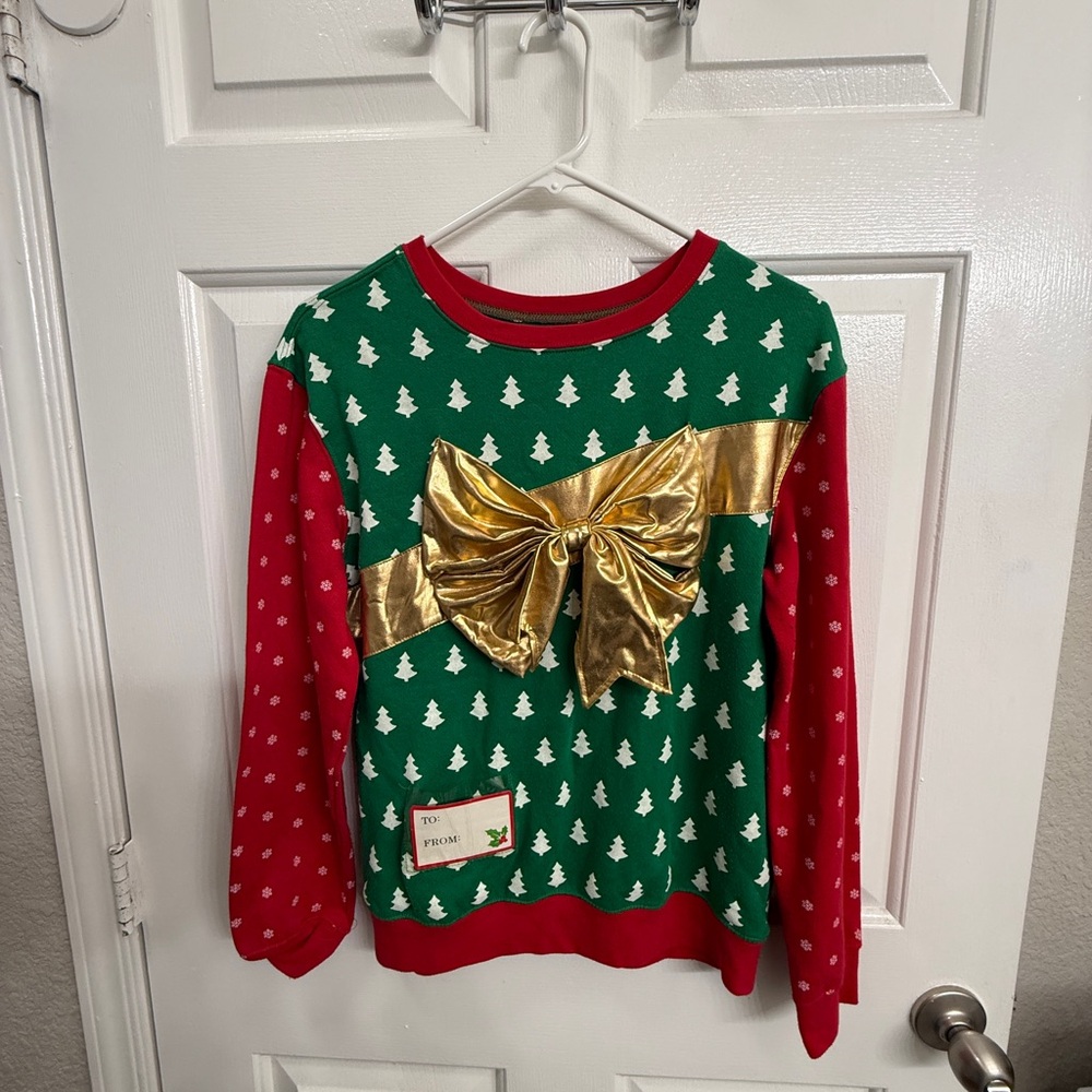 Festive Women’s Christmas Tree Sweater with Gold Bow